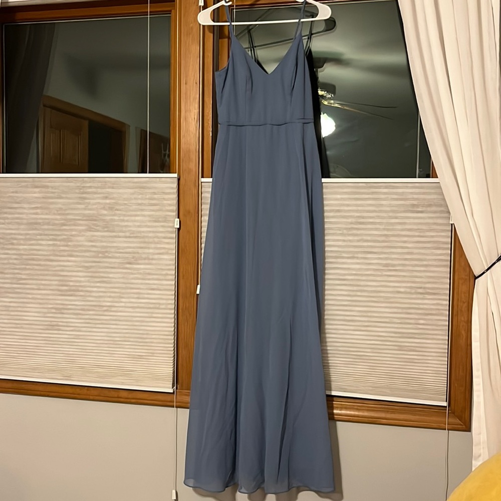 David’s Bridal blue steel, long chiffon spaghetti strap dress, size 4